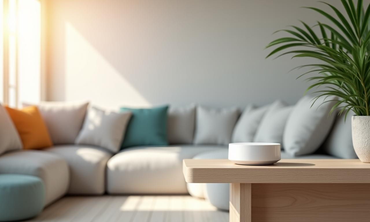 Modern living room with a discreet 5G home broadband hub on a shelf, bathed in warm natural light.