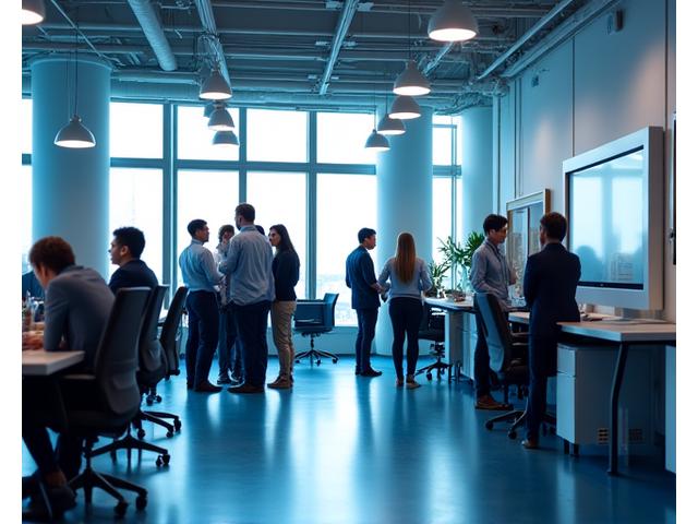 A modern office space with people collaborating